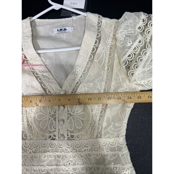 Womens Small Off White Mini Dress Flower Embroidered Puff Sleeve Romantic Ruffle - Picture 7 of 9